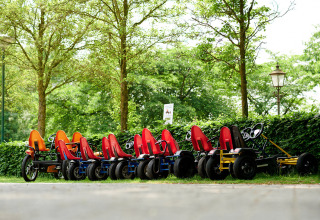 Row of colorful pedal go-karts parked in Parc de Witte Vennen, Limburg, Netherlands, among green trees.