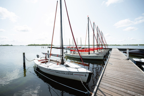 Zeilboten aangemeerd aan een steiger in het vakantiepark RCN de Schotsman in Zeeland, Nederland, op een zonnige dag.