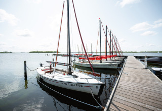 Zeilboten aangemeerd aan een steiger in het vakantiepark RCN de Schotsman in Zeeland, Nederland, op een zonnige dag.
