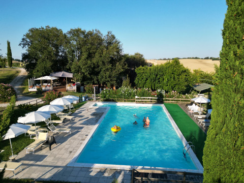 Piscina en el parque vacacional Tenuta Tredici Ulivi en Marche, Italia, rodeada de tumbonas y sombrillas.