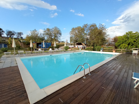 Piscina esterna con lettini e ombrelloni presso Tenuta Tredici Ulivi, villaggio vacanze nelle Marche, Italia.