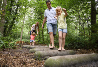 Familie balanciert barfuß auf Holzstämmen im Wald im Recreatiepark de Lucht, Utrecht, Niederlande.