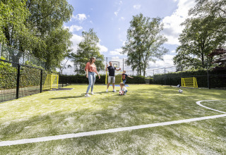 Familie leger på en multibane med fodbold og basketball i Recreatiepark de Lucht, Utrecht, Holland.