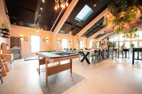 Sala luminosa con mesa de billar, zona de comedor y plantas en Vakantiepark De Nollen, Holanda Septentrional.