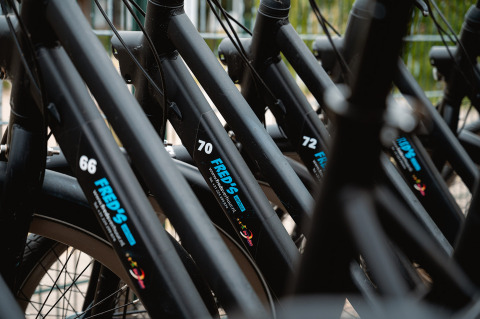 Fila de bicicletas negras con etiqueta 'FRED'S' en Vakantiepark De Nollen, Holanda Septentrional, Países Bajos.