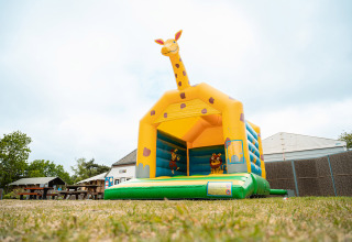 Hüpfburg mit Giraffendesign im Ferienpark De Nollen in Nordholland, Niederlande, auf einer Wiese.