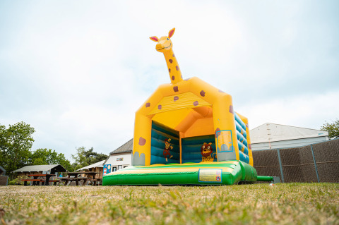 Hüpfburg mit Giraffendesign im Ferienpark De Nollen in Nordholland, Niederlande, auf einer Wiese.