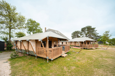 Foto von luxuriösen Zelten und Hängematten im Vakantiepark De Nollen, einem Ferienpark in Nordholland, Niederlande.