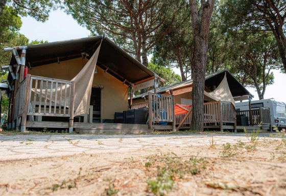 Tiendas safari Villatent Nomad en Camping Village Cavallino, Italia, rodeadas de naturaleza y pinos altos.