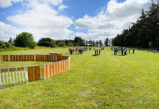 Buitenspeelplaats met kleurrijke tafels en houten omheining op gras bij Ballum Camping, Zuid-Denemarken.