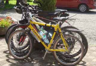Due biciclette parcheggiate al Camping Bockenauer Schweiz in Germania, con fiori e un'auto rossa sullo sfondo.