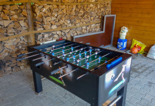Foosball table in a shed with stacked firewood and outdoor items at Camping Bockenauer Schweiz, Germany.