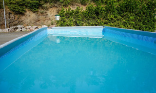 Piscina rectangular en Camping Bockenauer Schweiz, Renania-Palatinado, rodeada de vegetación y naturaleza.