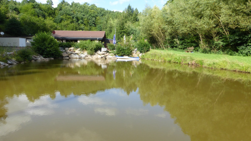 Pond at Camping Bockenauer Schweiz with lush greenery, trees, and a holiday home in Rhineland-Palatinate, Germany.