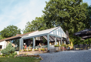 Area esterna di un caffè al Camping de Chênefleur, parco vacanze in Lussemburgo, Belgio, con tavoli e alberi.