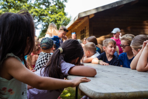 Bambini riuniti attorno a un tavolo al Camping de Chênefleur in Lussemburgo belga, Belgio.