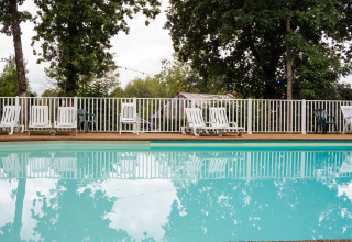 Udendørs swimmingpool med liggestole og hvidt hegn, omgivet af grønne træer i Camping de Chênefleur, Belgien.