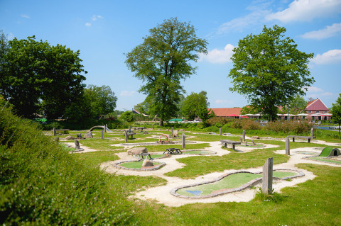 Udendørs minigolfbane omgivet af grønne træer i Vakantiepark de Twee Bruggen, Gelderland, Holland.