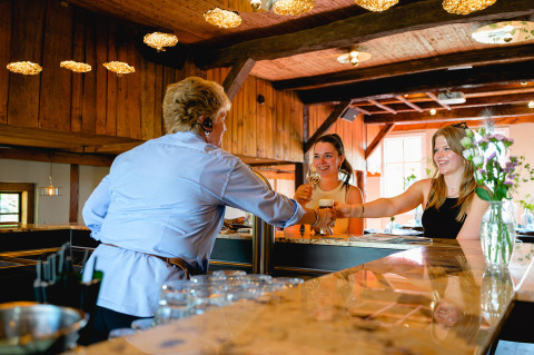 Twee vrouwen proeven drankjes aan de bar in Vakantiepark de Twee Bruggen, Gelderland, Nederland.