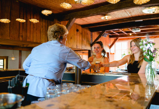 Two women enjoy drinks served by a bartender in the cozy wooden bar at Vakantiepark de Twee Bruggen, Gelderland.