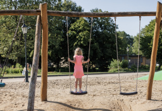A young girl in a pink dress stands on a swing at the playground in Vakantiepark de Twee Bruggen, Netherlands.