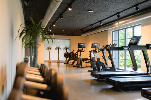 Moderno gimnasio con cintas de correr, bicicletas estáticas y ventanas grandes en Vakantiepark de Twee Bruggen.