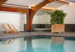 Indendørs swimmingpool med liggestole, store planter og afslappende atmosfære i ferieparken Vakantiepark de Twee Bruggen.