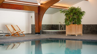 Piscine intérieure avec chaises longues, grande plante en pot et ambiance relaxante à Vakantiepark de Twee Bruggen.
