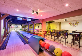 Knusse indoor bowlingbaan met zitgelegenheid in Vakantiepark Sallandshoeve, Overijssel, Nederland.