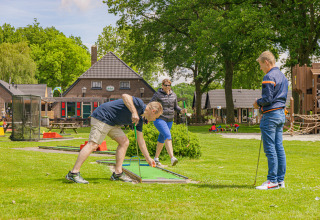 Gezin beleeft plezier met minigolf in Vakantiepark Sallandshoeve, Overijssel, Nederland, buitenlucht.