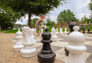Pige leger med stort skakspil udendørs i parkområde ved Vakantiepark Sallandshoeve i Overijssel, Holland.