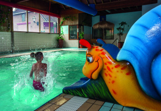 Børn leger ved indendørs swimmingpool med farverig rutsjebane hos Vakantiepark Sallandshoeve, Overijssel.