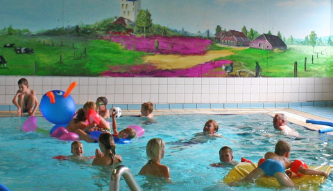 Niños nadan y juegan en una piscina cubierta con mural en Vakantiepark Sallandshoeve, Países Bajos.