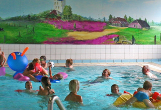 Kinderen zwemmen en spelen in het binnenzwembad met muurschildering van Vakantiepark Sallandshoeve.