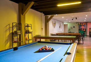Recreatieruimte met pooltafel, spelplanken en tafels in Vakantiepark Sallandshoeve, Overijssel, Nederland.