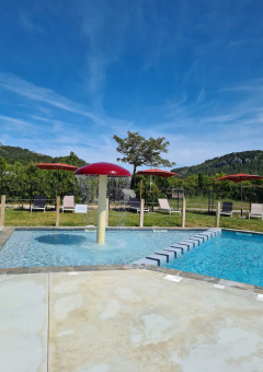 Piscina con fungo d'acqua rosso, lettini e natura al Camping De l'Olivigne, Occitania, Francia.