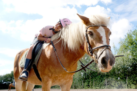 Kind met roze helm ligt ontspannen op een bruin paard bij FarmCamps De Smulhoeve in Noord-Brabant, Nederland.