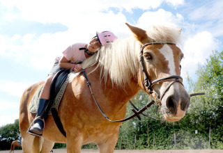 Barn med pink hjelm ligger afslappet på en brun hest på FarmCamps De Smulhoeve i Nordbrabant, Holland.