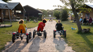 Niños montan en karts por un sendero de tierra en FarmCamps Breehees, parque vacacional en Brabante Septentrional.