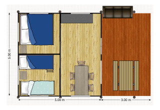 Plano de tienda safari con tres dormitorios, comedor interior y terraza exterior con mesa y bancos.