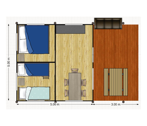 Plano de tienda safari con tres dormitorios, comedor interior y terraza exterior con mesa y bancos.