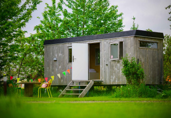 Tiny house Pipowagen accueillante au Netl Camping Kallumaan aux Pays-Bas, entourée d'arbres verdoyants.