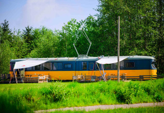 Tiny house in oude tram bij Netl Camping Kallumaan in Nederland, omringd door gras en bomen.