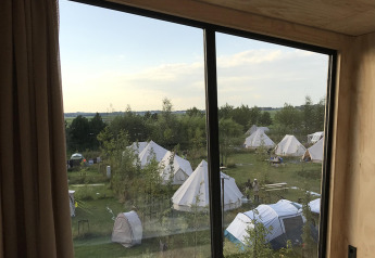 Blick aus dem Birdhouse Tiny House auf weiße Zelte und grüne Natur bei Netl Camping Kallumaan, Niederlande.