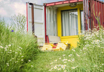 Farverig shipping container-tiny house med to gule stole foran, omgivet af vilde blomster og græs.