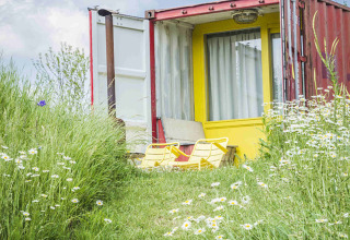 Tiny house colorata in container marittimo con due sedie gialle, circondata da fiori selvatici e erba alta.