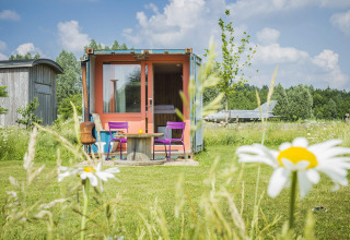 Tiny house container colorée au Netl Camping Kallumaan, Pays-Bas, entourée de fleurs et de nature.