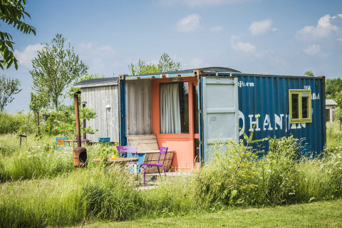 Une tiny house colorée construite à partir d'un conteneur maritime, entourée de fleurs sauvages et d'herbe.
