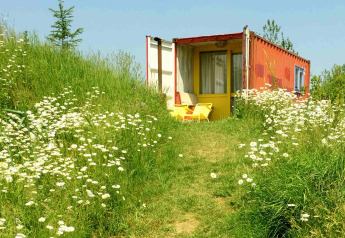Une tiny house en conteneur d'expédition au Netl Camping Kallumaan, Pays-Bas, entourée de fleurs et d'herbe.