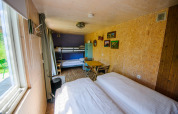 Pequeña casa luminosa con litera, cama doble, mesa comedor y grandes ventanas con vistas al exterior verde.